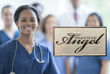 Nurse smiling next to image of the guardian angel pin